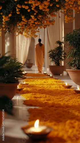 Vibrant Marigolds Illuminate a Festive Corridor With Candles in a Warm Atmosp...