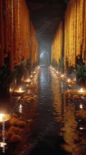 Illuminated Corridor Adorned With Marigold Flowers and Floating Lamps During ...