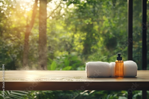 Relaxation Spot With Towels and Essential Oil in a Serene Nature Setting at S...