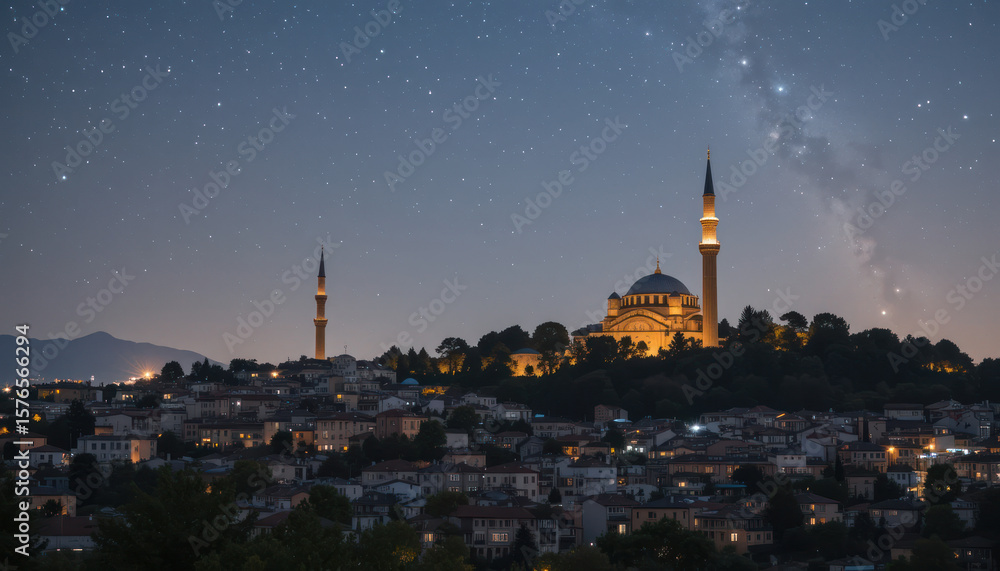 Naklejka premium Illuminated mosque with minarets stands atop a hill overlooking a town at night, under a starry sky.