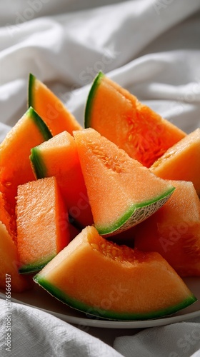 Freshly Cut Cantaloupe on a White Plate Displaying a Juicy Summer Treat