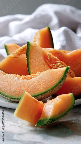Freshly Sliced Cantaloupe Pieces Arranged on a White Plate With a Soft Cloth ...