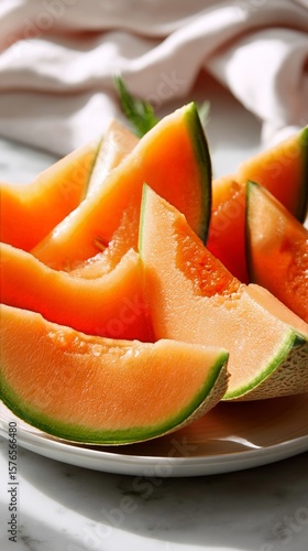 Freshly Sliced Cantaloupe Pieces Arranged on a White Plate With a Soft Cloth ...
