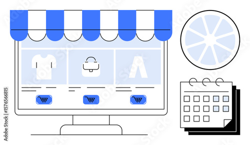 Desktop monitor with striped shop banner displays product cards, blue shopping cart buttons. Circular element and calendar evoke design, retail scheduling. Ideal for ecommerce, marketing, online