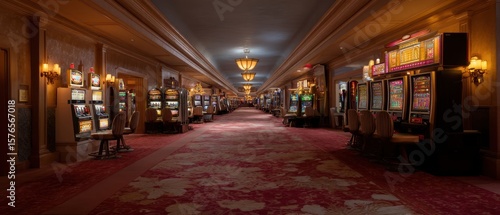 Casino floor at golden hour with slot machines and warm lighting