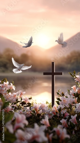 Flowers Bloom Near a Cross as Birds Fly in the Sunset Background