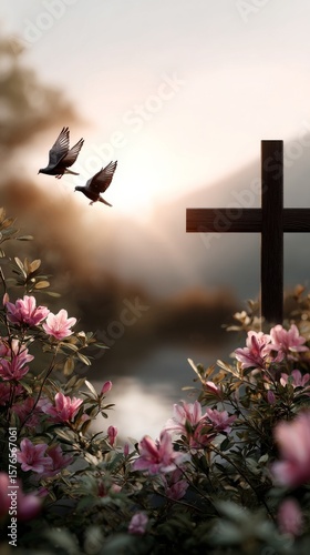 Flowers Bloom Near a Cross as Birds Fly in the Sunset Background