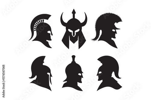 Collection of six distinct ancient warrior helmet silhouettes in profile