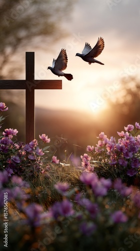 Peaceful Sunrise Over Flowers and Cross With Birds Soaring in the Tranquil Mo...