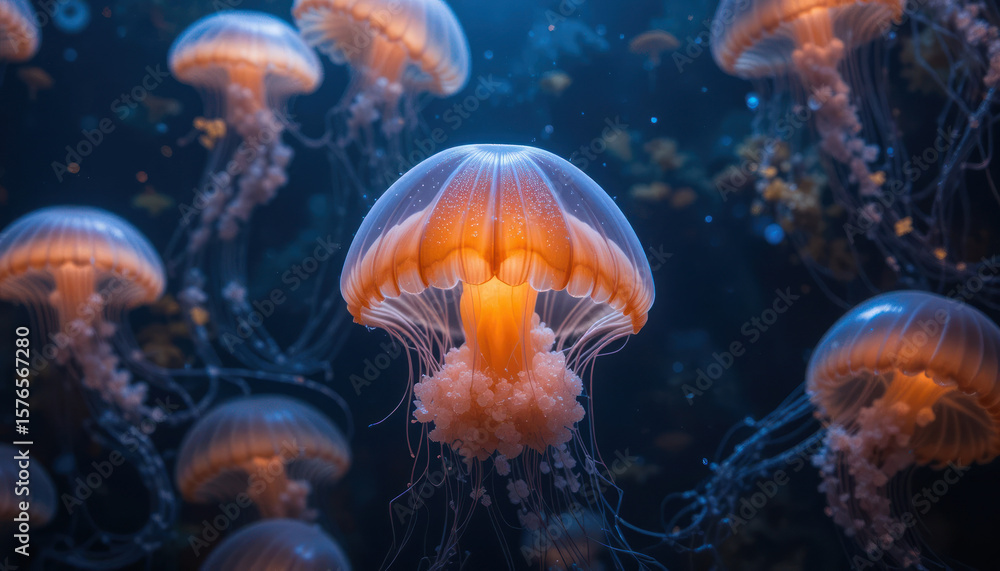 A group of jellyfish swim in dark blue water, illuminated with orange and yellow light.