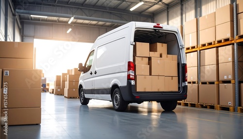 White van loaded with boxes in warehouse
