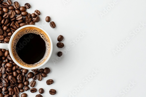 Enjoying Rich Coffee Surrounded by Fresh Roasted Beans on a Clean Surface