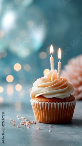 Beautiful Cupcake With Candles Set on a Table in a Festive Celebration