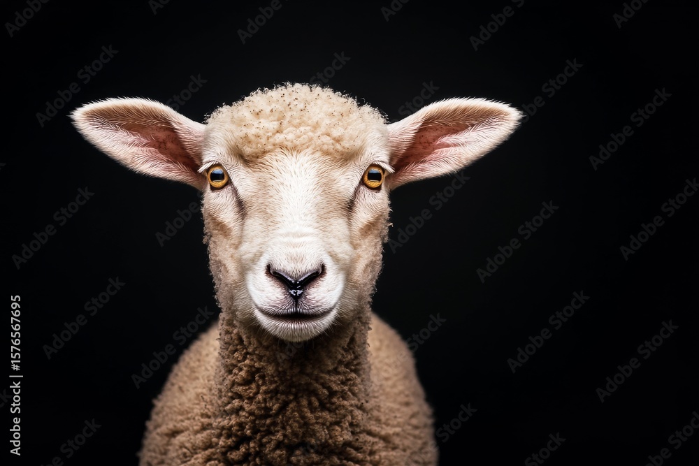 Sheep With Soft Wool and Curious Expression in a Dark Background Sheep With Soft Wool and Curious Expression in a Dark Background