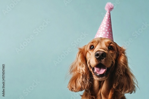 Dog Wearing a Party Hat Smiles Joyfully Against a Light Blue Background Durin...