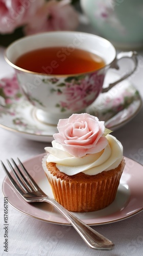 Delightful Cupcake With Rose Decoration and Tea Served in Elegant China Durin...