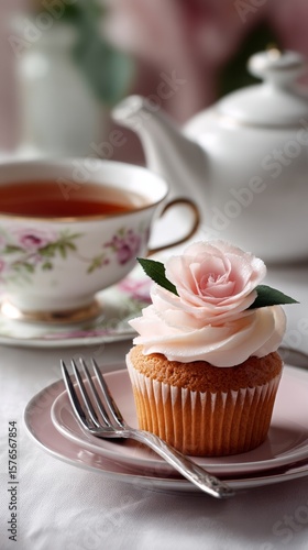 Enjoying a Delicate Cupcake With Tea in a Cozy Afternoon Setting