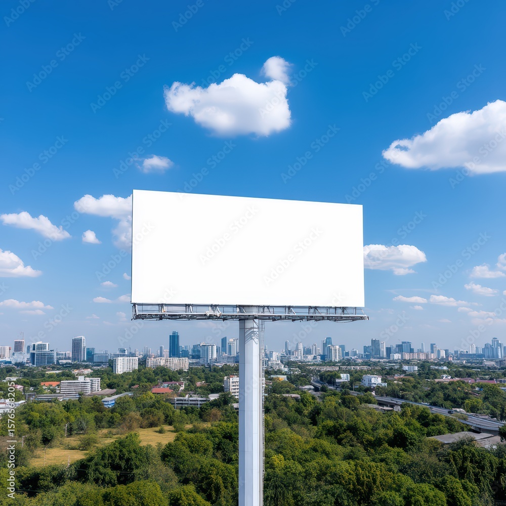 Fototapeta premium Blank Advertising Billboard with City Skyline and Blue Sky in Background