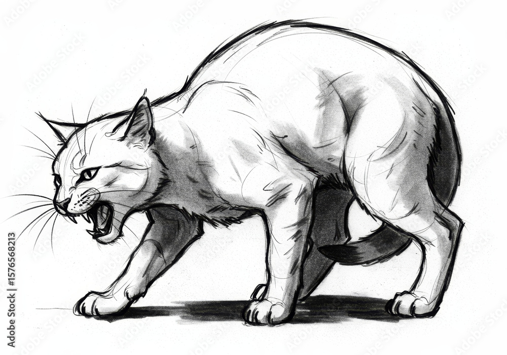 Fototapeta premium Fierce feline with bared teeth poised and ready to strike.