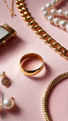 Elegant Collection of Gold and Pearl Jewelry Displayed on a Pink Background f...