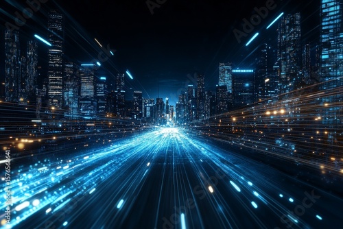 Urban Nightlife Illuminated by Dynamic Blue Light Trails in a Bustling Cityscape