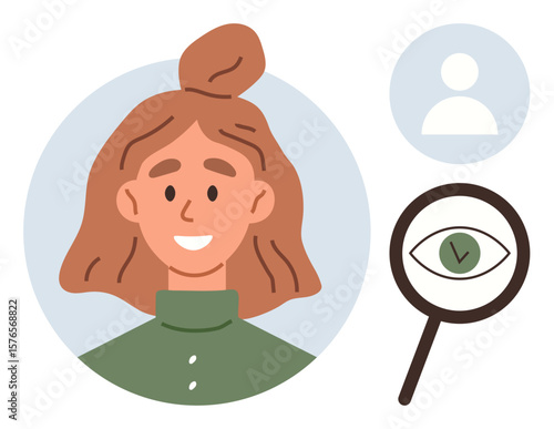 Smiling woman portrait in a circular frame, magnifying glass with eye and checkmark symbol, and profile avatar. Ideal for concepts thumbs up identity, approval, vision, verification, application
