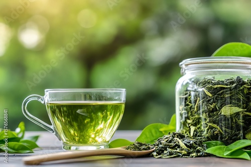 Freshly Brewed Green Tea in a Glass Cup With Tea Leaves on a Wooden Table