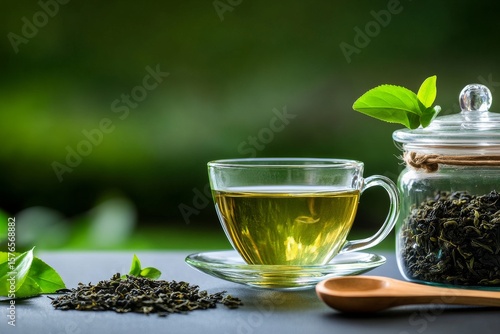 Refreshing Green Tea Served With Loose Leaves and a Glass Jar in a Serene Nat...