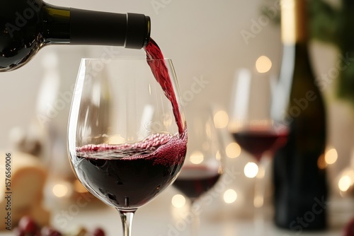 Pouring Red Wine Into a Glass During a Gathering at Home With Soft Lighting i...