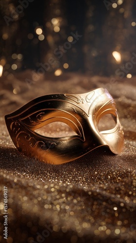 Elegant Golden Mask Placed on Sparkling Sand Background During a Mysterious C...