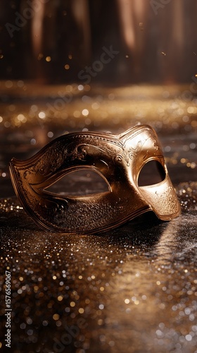 Elegant Golden Mask Resting on a Shimmering Surface During a Festive Celebrat...