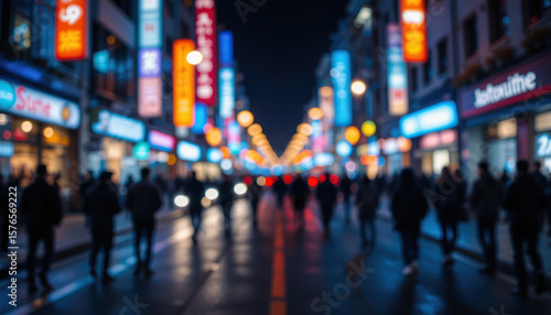 Wallpaper Mural Blurred night scene of a bustling city street with illuminated shops and pedestrians. Torontodigital.ca