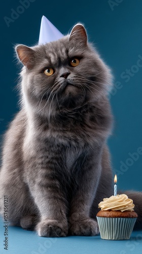 Gray Cat Wearing a Party Hat Next to a Cupcake With a Candle on a Blue Backgr...