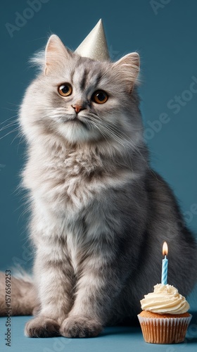 Cute Cat Celebrates Birthday With a Cupcake and Candle in a Cozy Setting