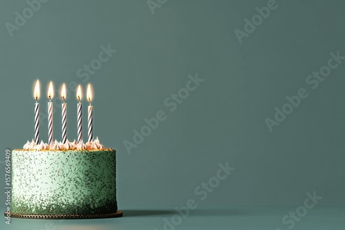 Vibrant Green Birthday Cake Decorated With Candles and Fresh Frosting on a Mi...