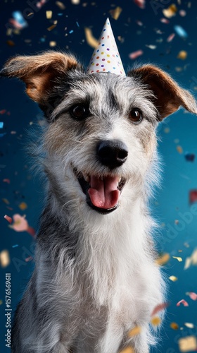 Happy Dog Celebrating With Confetti and a Party Hat in a Festive Atmosphere