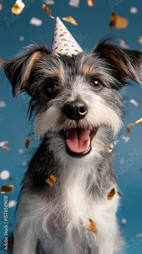 Happy Dog Celebrating With Confetti and a Party Hat in a Festive Atmosphere