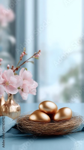 Elegant Golden Eggs Nestled in a Natural Nest With Soft Flowers in a Serene I...
