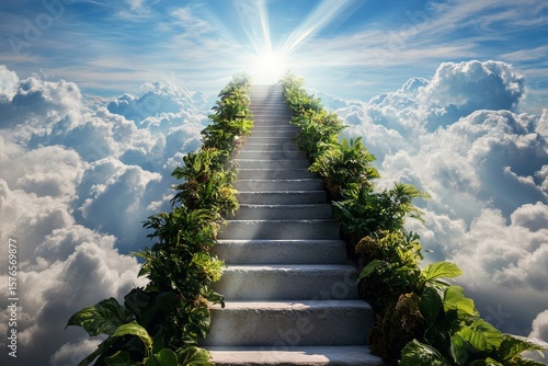 Ethereal Staircase Surrounded by Clouds and Greenery Leading Towards a Bright...