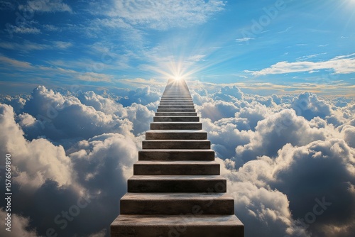 Ethereal Staircase Surrounded by Clouds and Greenery Leading Towards a Bright...