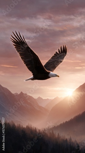 Eagle Soaring Over Mountains at Sunset With Dramatic Colors in the Sky
