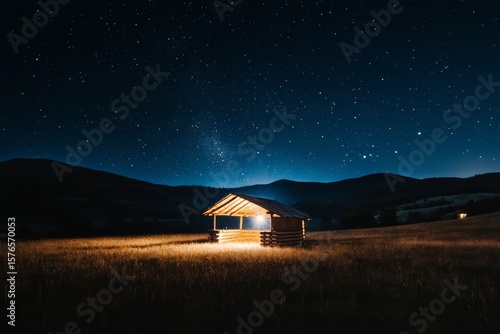 Starry Night Sky Illuminating a Rustic Cabin in a Field