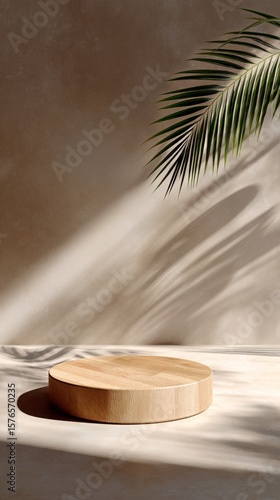 Sunlit Wooden Surface Illuminated by Palm Shadows in a Minimalist Setting