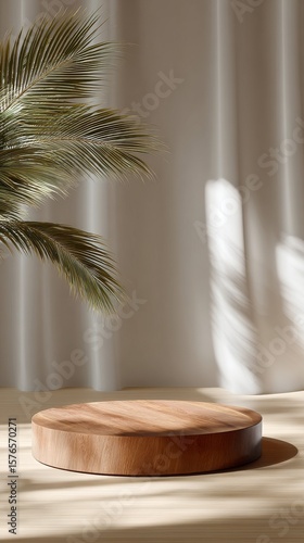 Sunlit Wooden Surface Illuminated by Palm Shadows in a Minimalist Setting