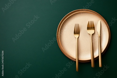 Elegant Gold Cutlery Arranged on a Simple Plate With Dark Background for a Di...