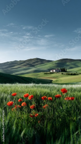 Vibrant Red Poppies Bloom in Tuscany Hills Under a Bright Blue Sky During Spr...
