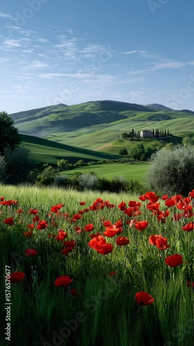 Vibrant Red Poppies Bloom in Tuscany Hills Under a Bright Blue Sky During Spr...