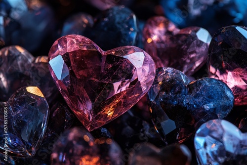 Colorful Heart-Shaped Gemstones Sparkling in Various Hues on a Dark Surface