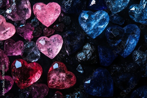 Colorful Heart-Shaped Gemstones Sparkling in Various Hues on a Dark Surface