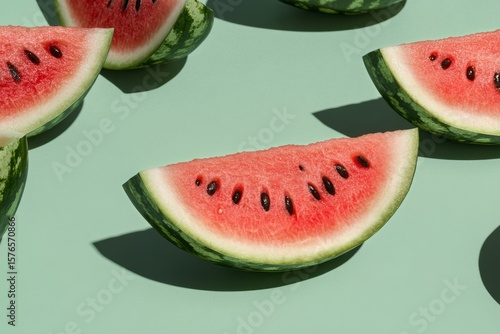 Slices of Watermelon Arranged on a Light Green Surface Under Bright Sunlight